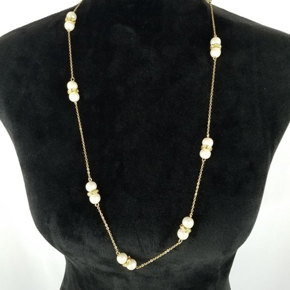 J.‎ Crew necklace gold tone strand with pearls and grey ribbon tie